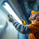 A photograph of a lighting contractor in action