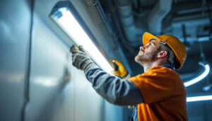 A photograph of a lighting contractor in action