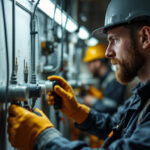 A photograph of a lighting contractor skillfully installing or inspecting various types of dryer plugs in a well-lit workshop or job site