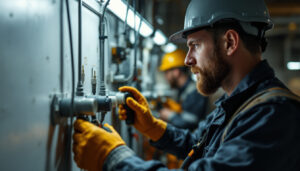 A photograph of a lighting contractor skillfully installing or inspecting various types of dryer plugs in a well-lit workshop or job site
