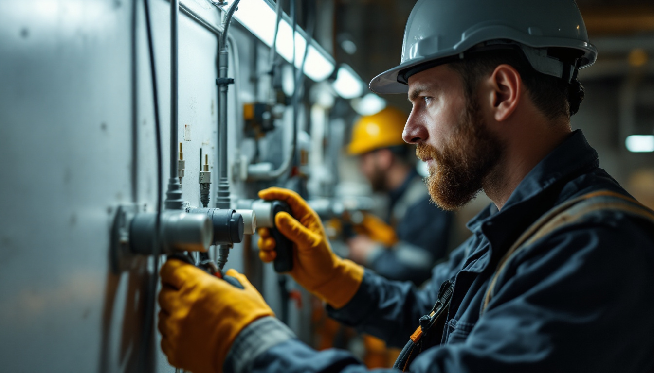 A photograph of a lighting contractor skillfully installing or inspecting various types of dryer plugs in a well-lit workshop or job site