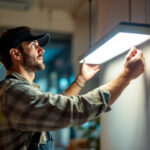 A photograph of a lighting contractor skillfully installing or adjusting a sleek