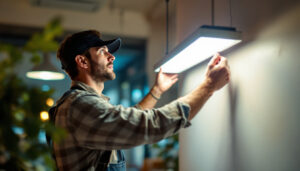 A photograph of a lighting contractor skillfully installing or adjusting a sleek