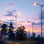 A photograph of a well-lit outdoor scene featuring a variety of light pole stands in use