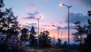 A photograph of a well-lit outdoor scene featuring a variety of light pole stands in use