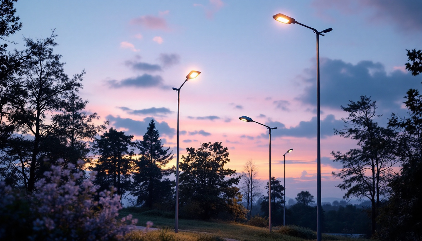 A photograph of a well-lit outdoor scene featuring a variety of light pole stands in use