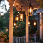 A photograph of capture a photograph of a beautifully lit outdoor porch featuring stylish hanging lanterns