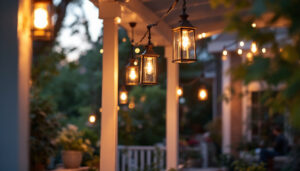 A photograph of capture a photograph of a beautifully lit outdoor porch featuring stylish hanging lanterns