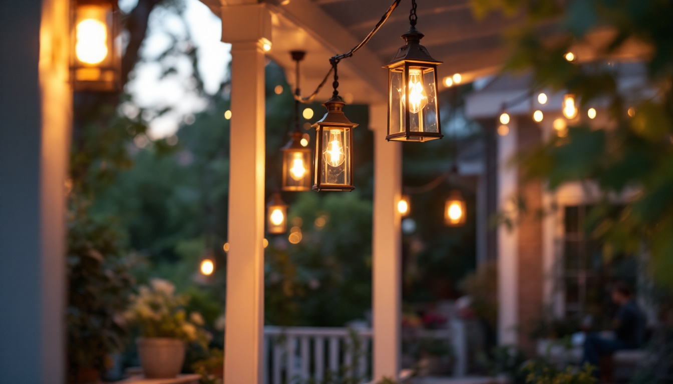 A photograph of capture a photograph of a beautifully lit outdoor porch featuring stylish hanging lanterns