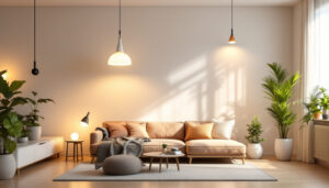 A photograph of a beautifully lit modern living space showcasing various led light fixtures in use