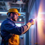 A photograph of a lighting contractor efficiently installing uv lights in a commercial setting