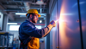 A photograph of a lighting contractor efficiently installing uv lights in a commercial setting