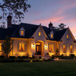 A photograph of a beautifully illuminated exterior of a home at dusk