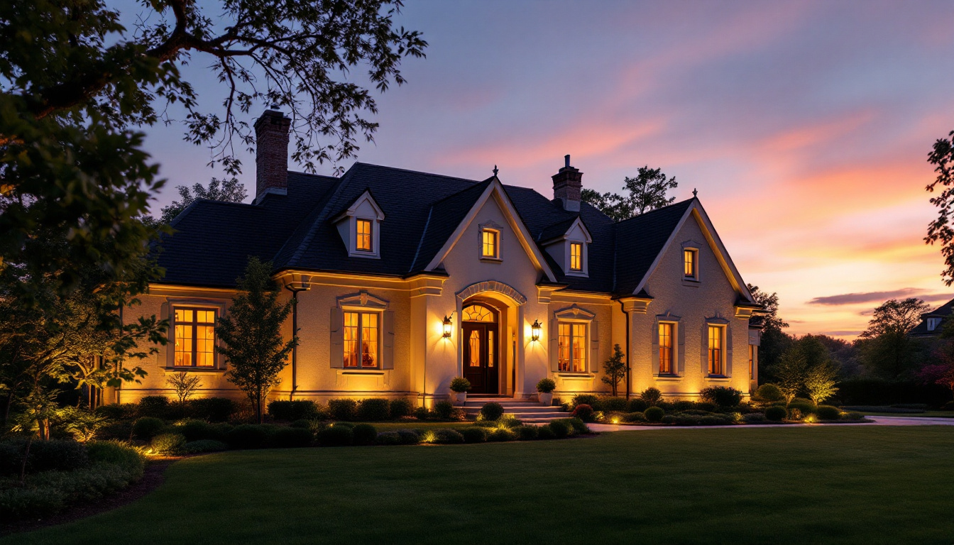 A photograph of a beautifully illuminated exterior of a home at dusk