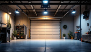 A photograph of a well-lit garage showcasing various led lighting installations