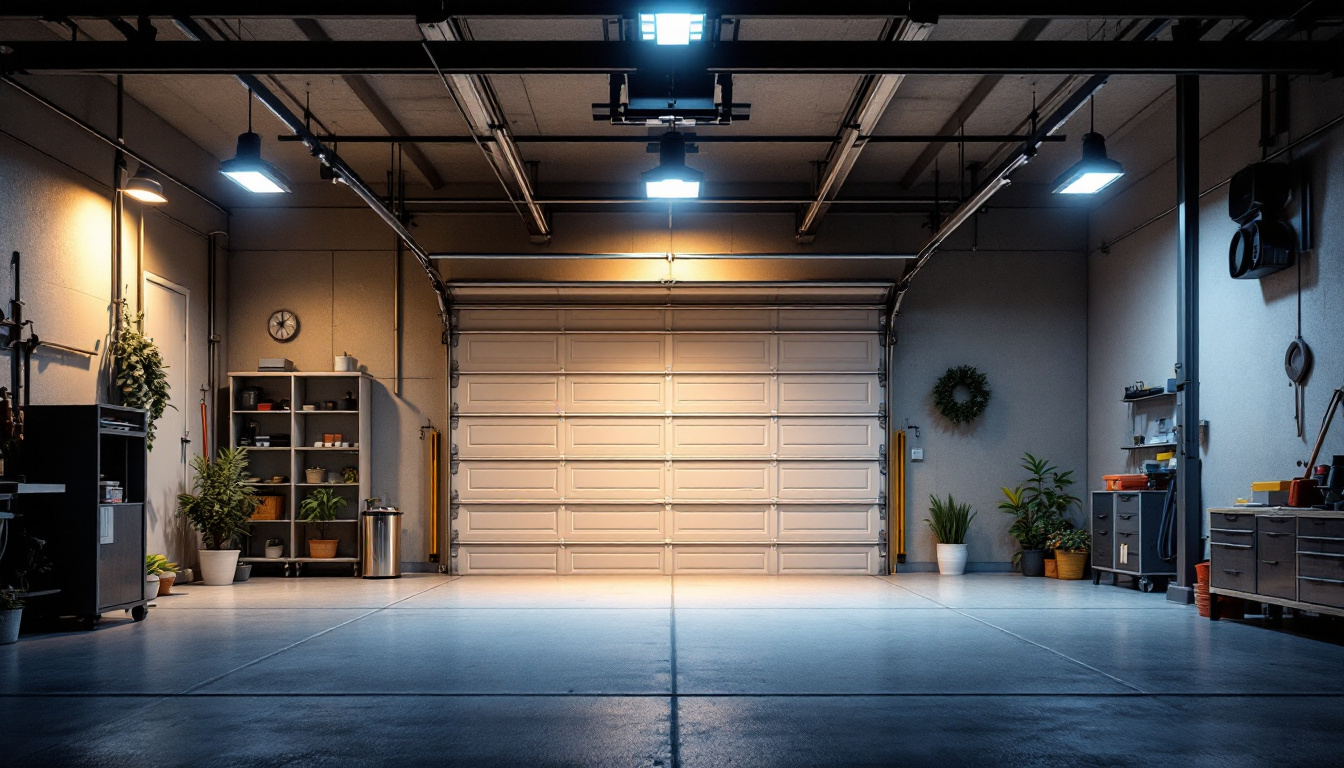 A photograph of a well-lit garage showcasing various led lighting installations
