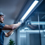A photograph of a lighting contractor expertly installing led linear lights in a modern interior space