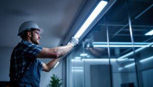 A photograph of a lighting contractor expertly installing led linear lights in a modern interior space