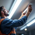 A photograph of a lighting contractor expertly installing led replacement tubes in a commercial space