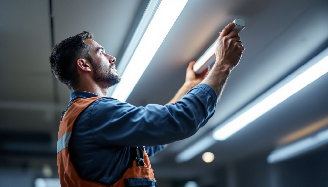A photograph of a lighting contractor expertly installing led replacement tubes in a commercial space