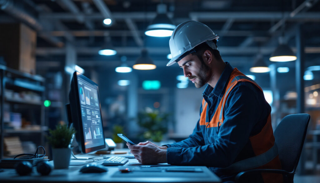 A photograph of a lighting contractor working with advanced technology tools