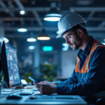 A photograph of a lighting contractor working with advanced technology tools