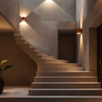 A photograph of a beautifully designed stairwell showcasing stylish wall lights in action