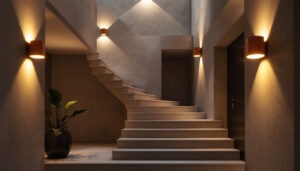 A photograph of a beautifully designed stairwell showcasing stylish wall lights in action