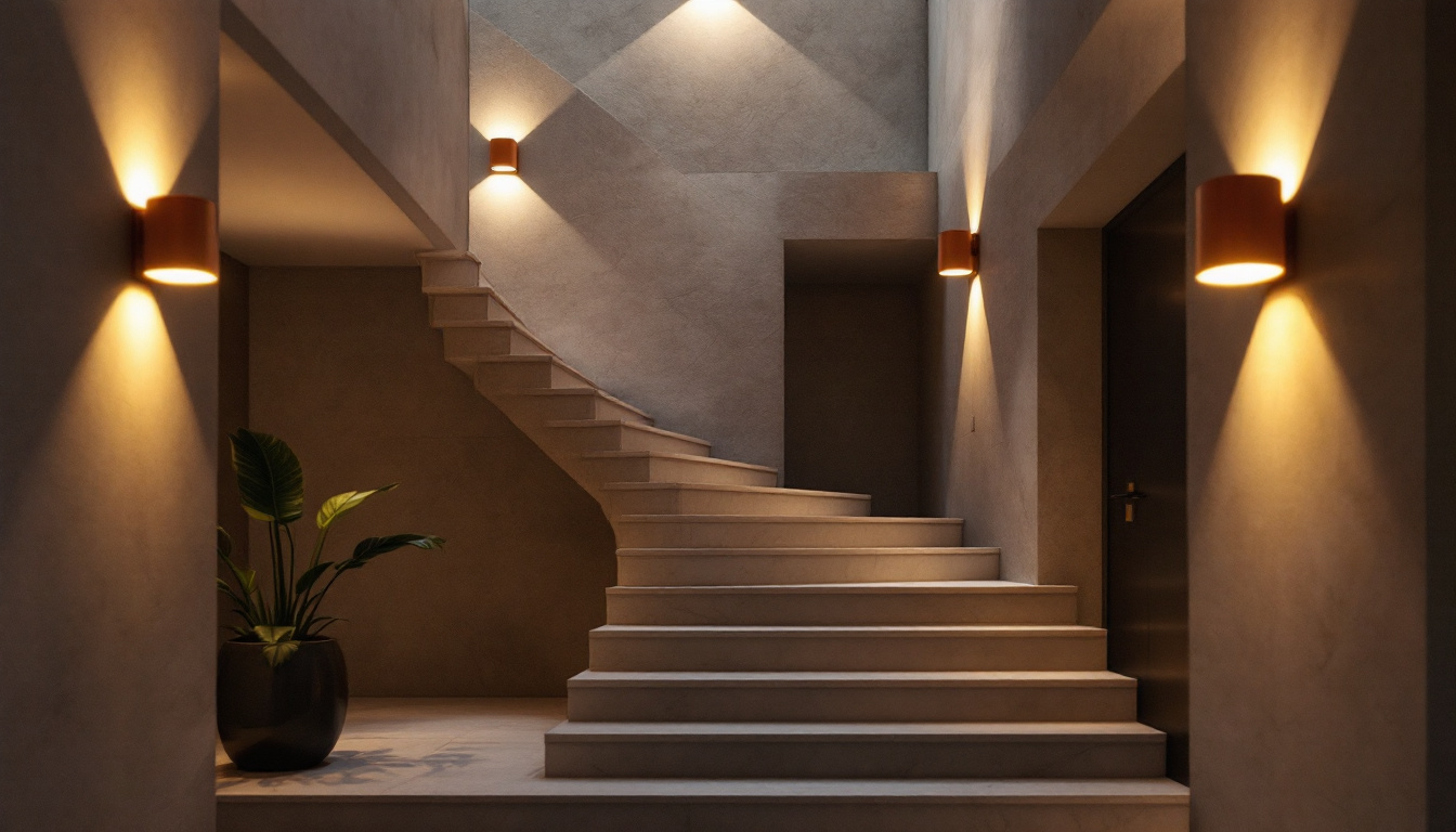 A photograph of a beautifully designed stairwell showcasing stylish wall lights in action