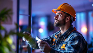 A photograph of a lighting contractor working with 5000k led lights in a well-lit environment