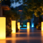 A photograph of a beautifully illuminated outdoor space featuring stylish pedestal lights
