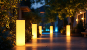 A photograph of a beautifully illuminated outdoor space featuring stylish pedestal lights