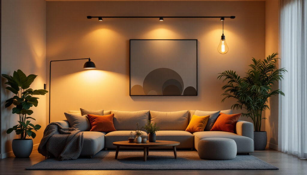 A photograph of a beautifully lit living space showcasing a variety of stylish lighting fixtures