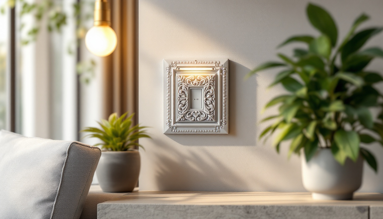 A photograph of a beautifully styled decorative junction box cover installed in an aesthetically pleasing setting