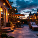 A photograph of a beautifully designed patio illuminated by stylish light fixtures