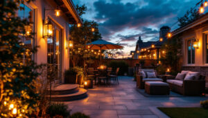 A photograph of a beautifully designed patio illuminated by stylish light fixtures