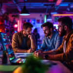 A photograph of a dynamic team brainstorming and collaborating in a creatively lit workspace
