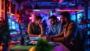 A photograph of a dynamic team brainstorming and collaborating in a creatively lit workspace