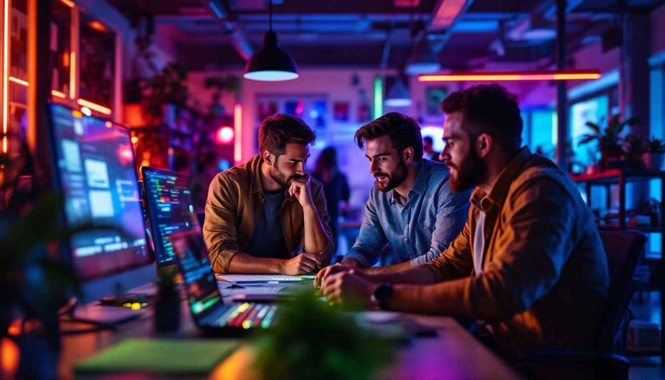 A photograph of a dynamic team brainstorming and collaborating in a creatively lit workspace