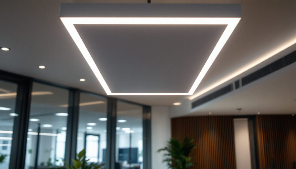 A photograph of a modern drop ceiling installation featuring energy-efficient led lights