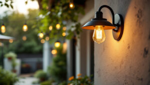 A photograph of a stylish gooseneck light fixture installed in an aesthetically pleasing outdoor or indoor setting