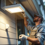 A photograph of a lighting contractor installing a flood lamp fixture in a residential or commercial setting