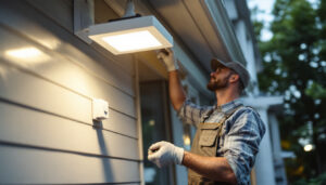A photograph of a lighting contractor installing a flood lamp fixture in a residential or commercial setting