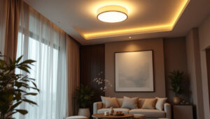 A photograph of a beautifully designed flush mount led ceiling light installed in a modern living space