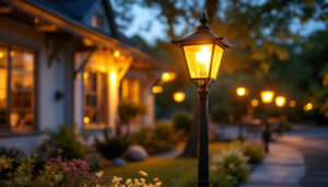 A photograph of a beautifully designed solar lighted lamp post illuminating a charming outdoor setting