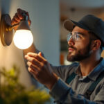 A photograph of a lighting contractor expertly installing a flat led light bulb in a modern residential or commercial space