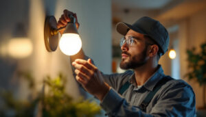 A photograph of a lighting contractor expertly installing a flat led light bulb in a modern residential or commercial space