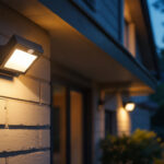 A photograph of a motion sensor led outdoor light installed in a residential setting at dusk