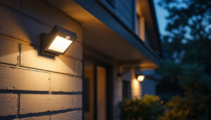 A photograph of a motion sensor led outdoor light installed in a residential setting at dusk