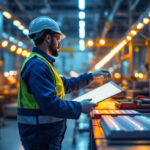 A photograph of a lighting contractor inspecting a modern led factory
